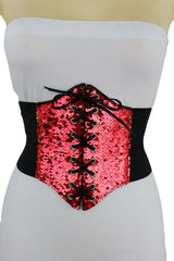 Women Corset Belt Wide Elastic High Waist Red Gold Sequins Size S M