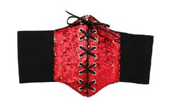 Women Corset Belt Wide Elastic High Waist Red Gold Sequins Size S M