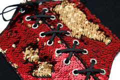 Women Corset Belt Wide Elastic High Waist Red Gold Sequins Size S M