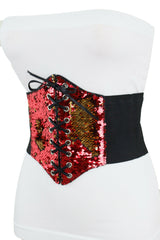 Women Corset Belt Wide Elastic High Waist Red Gold Sequins Size S M