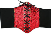 Women Corset Belt Wide Elastic High Waist Red Gold Sequins Size S M