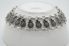 Women Choker Necklace Silver Metal Mayan Style Pendant Charm + Earring Set