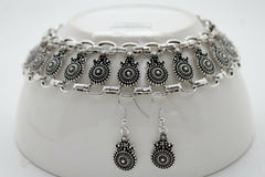 Women Choker Necklace Silver Metal Mayan Style Pendant Charm + Earring Set