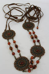 Women Fabric Tie Belt Hip High Waist Brown Flowers Metal Chain Beads Fashion S - M