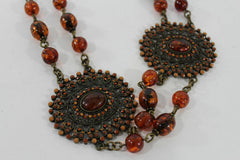 Women Fabric Tie Belt Hip High Waist Brown Flowers Metal Chain Beads Fashion S - M