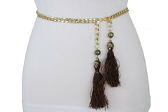 Belt Gold Metal Chain Hip Waist Long Brown Fringes Tassel XS S M
