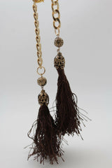 Belt Gold Metal Chain Hip Waist Long Brown Fringes Tassel XS S M