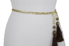 Belt Gold Metal Chain Hip Waist Long Brown Fringes Tassel XS S M
