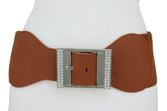 Women Brown Fashion Wide Stretch Band Belt Silver Square Buckle Size M L XL