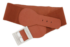 Women Brown Fashion Wide Stretch Band Belt Silver Square Buckle Size M L XL