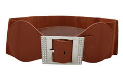 Women Brown Fashion Wide Stretch Band Belt Silver Square Buckle Size M L XL