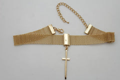 Women Gold Mesh Metal Short Fashion Skinny Choker Necklace Cross Charm Pendant