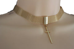 Women Gold Mesh Metal Short Fashion Skinny Choker Necklace Cross Charm Pendant