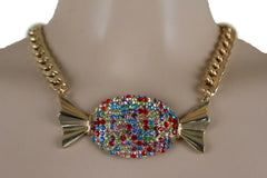 Women Gold Metal Chain Links Bulky Fashion Look Necklace Special Jewelry Candy