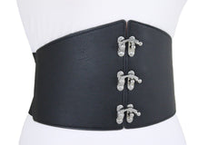 Women Black Wide Corset Belt Hip High Waist Wide Elastic Dressy Hook Size L XL XXL