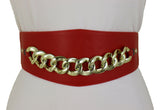 Red High Waist Hip Corset Elastic Belt Gold Chain Link Belt S M