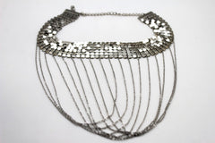 Women Silver Mesh Metal Wide Choker Short Necklace Multi Chains Drape