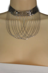 Women Silver Mesh Metal Wide Choker Short Necklace Multi Chains Drape