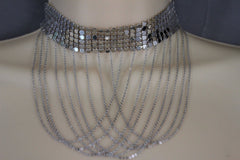 Women Silver Mesh Metal Wide Choker Short Necklace Multi Chains Drape