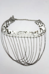 Women Silver Mesh Metal Wide Choker Short Necklace Multi Chains Drape