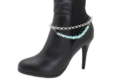 Silver Metal Chain Boot Bracelet Shoe Bright Baby Blue Clover Flower Charm