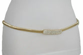 Women Skinny Gold Color Stretch Metal Waistband Fashion Belt Bling Buckle S M L