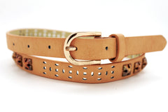 Women Black Peach Beige Faux Leather Bronze Belt Narrow Studs Gold Buckle Fashion S M