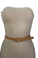Women Black Peach Beige Faux Leather Bronze Belt Narrow Studs Gold Buckle Fashion S M