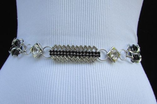 Silver Metal Chains Black Blue Red Orange Yellow Green Shiny Fabric + Rhinestones Hip High Waist Thin Belt Women Fashion Accessories S - XL - alwaystyle4you - 1