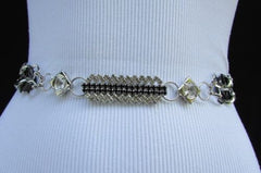 Silver Metal Chains Black Blue Red Orange Yellow Green Shiny Fabric + Rhinestones Hip High Waist Thin Belt Women Fashion Accessories S - XL - alwaystyle4you - 1