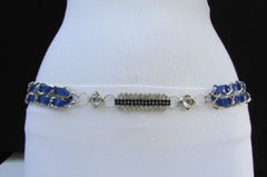 Silver Metal Chains Black Blue Red Orange Yellow Green Shiny Fabric + Rhinestones Hip High Waist Thin Belt New Women Fashion Accessories S - XL - alwaystyle4you - 3