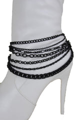 Women Black Boot Chain Links Shoe Charm Multi Strands Waves Strap Western Style