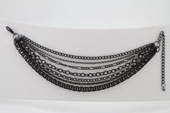 Women Black Boot Chain Links Shoe Charm Multi Strands Waves Strap Western Style