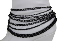 Women Black Boot Chain Links Shoe Charm Multi Strands Waves Strap Western Style