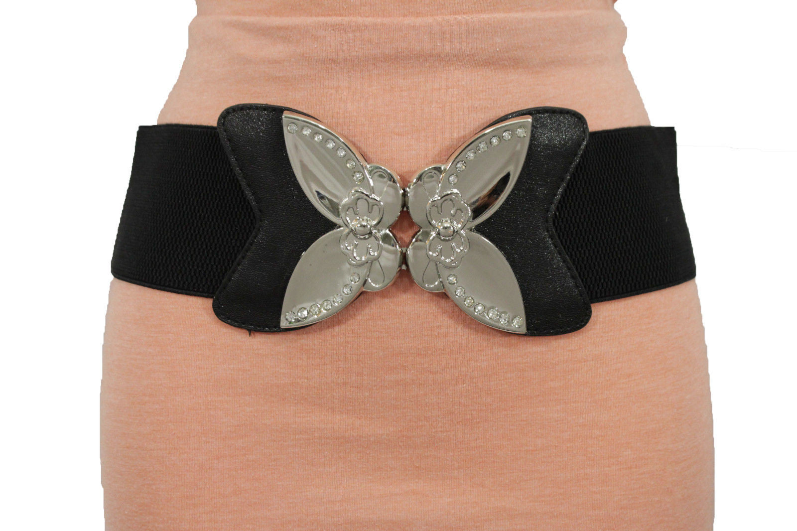 Black Faux Leather Stretch Back Elastic Hip High Waist Wide Belt Silver Big Flower Buckle Women Fashion Accessories S M - alwaystyle4you - 1