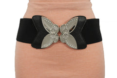 Black Faux Leather Stretch Back Elastic Hip High Waist Wide Belt Silver Big Flower Buckle Women Fashion Accessories S M - alwaystyle4you - 1