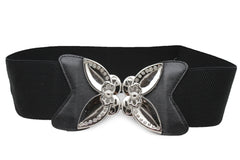 Black Faux Leather Stretch Back Elastic Hip High Waist Wide Belt Silver Big Flower Buckle New Women Fashion Accessories S M - alwaystyle4you - 4