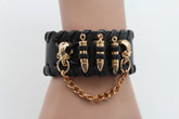 Black Faux Leather Gold Metal Bracelet Chains Skulls Bullet Charms New Women Men Fashion Jewelry Accessories - alwaystyle4you - 10