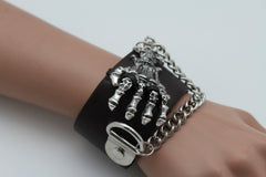 Dark Brown / Black Faux Leather Bracelet Gold / Silver Metal Chains Skeleton Skulls Hand New Women Fashion Jewelry Accessories - alwaystyle4you - 2