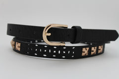 Women Black Peach Beige Faux Leather Bronze Belt Narrow Studs Gold Buckle Fashion S M