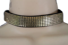Gold & Black Faux Leather Metal Mesh Skinny Choker Necklace