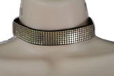 Gold & Black Faux Leather Metal Mesh Skinny Choker Necklace
