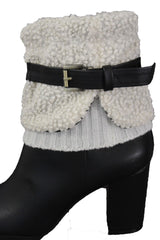 White Black Gray Pair Boots Cover Toppers Fabric Slip On Booties Warmer Knit