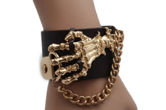 Dark Brown / Black Faux Leather Bracelet Gold / Silver Metal Chains Skeleton Skulls Hand New Women Fashion Jewelry Accessories - alwaystyle4you - 3