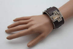 Brown Leather Bracelet Big Silver Crosses Silver Rhinestones Bead New Women Fashion Jewelry Accessories - alwaystyle4you - 3
