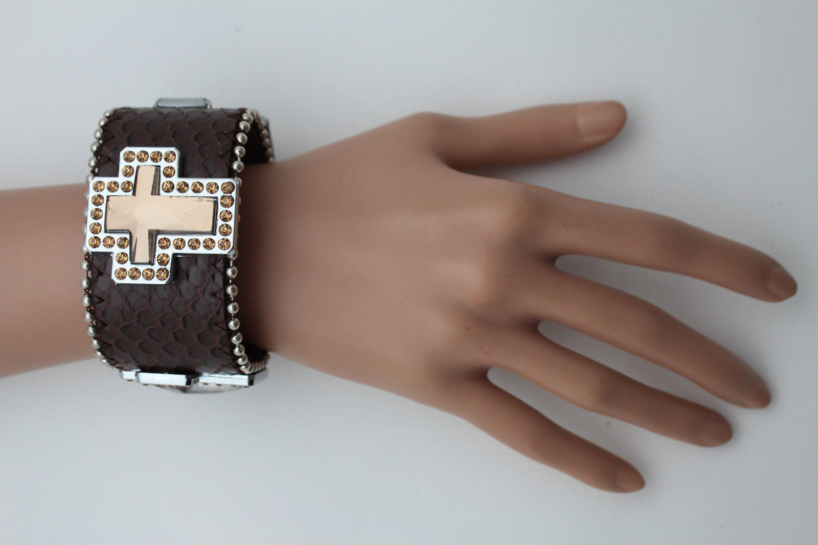 Brown Leather Bracelet Big Silver Crosses Silver Rhinestones Bead Women Fashion Jewelry Accessories - alwaystyle4you - 1