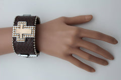 Brown Leather Bracelet Big Silver Crosses Silver Rhinestones Bead Women Fashion Jewelry Accessories - alwaystyle4you - 1
