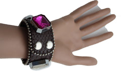 Brown Black Leather Bracelet Colorful Rhinestones Bead New Women Fashion Jewelry Accessories - alwaystyle4you - 4