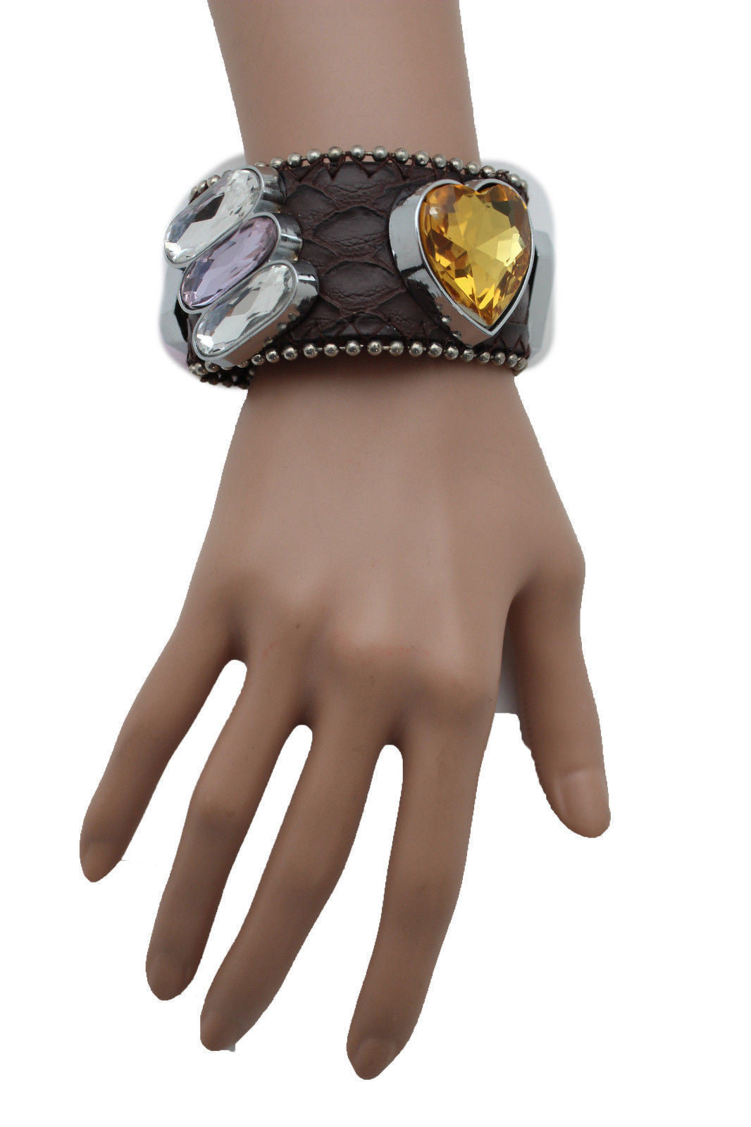 Brown Black Leather Bracelet Colorful Rhinestones Bead Women Fashion Jewelry Accessories - alwaystyle4you - 1