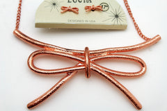 Copper / Silver Metal Chain Knot Bow Tie Charm Pendant Necklace + Earrings Set New Women Fashion Jewelry - alwaystyle4you - 3